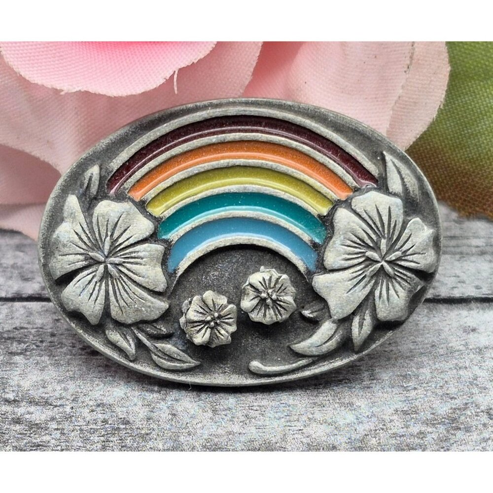Ms Dee Pewter Brooch Enamel Rainbow Hibiscus Flower Matching Earrings Set